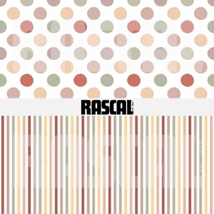 May include: A patterned design featuring polka dots in shades of red, green, and beige on a white background, with a striped pattern below. The word "RASCAL" is displayed in bold, black letters.
