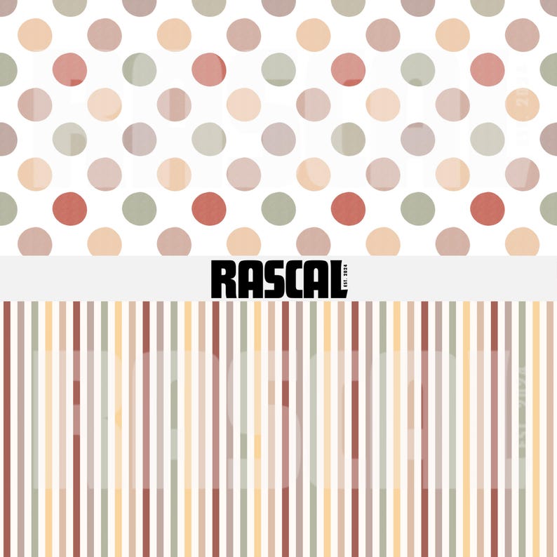 May include: A patterned design featuring polka dots in shades of red, green, and beige on a white background, with a striped pattern below. The word "RASCAL" is displayed in bold, black letters.
