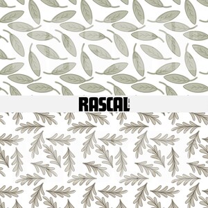 May include: A seamless pattern featuring stylized gray leaves on a white background. The design is repeated across the surface. The word "RASCAL" is displayed in bold black letters with "EST. 2024" below it.