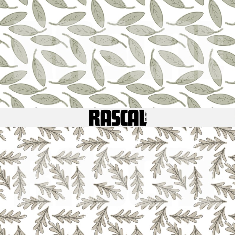 May include: A seamless pattern featuring stylized gray leaves on a white background. The design is repeated across the surface. The word "RASCAL" is displayed in bold black letters with "EST. 2024" below it.