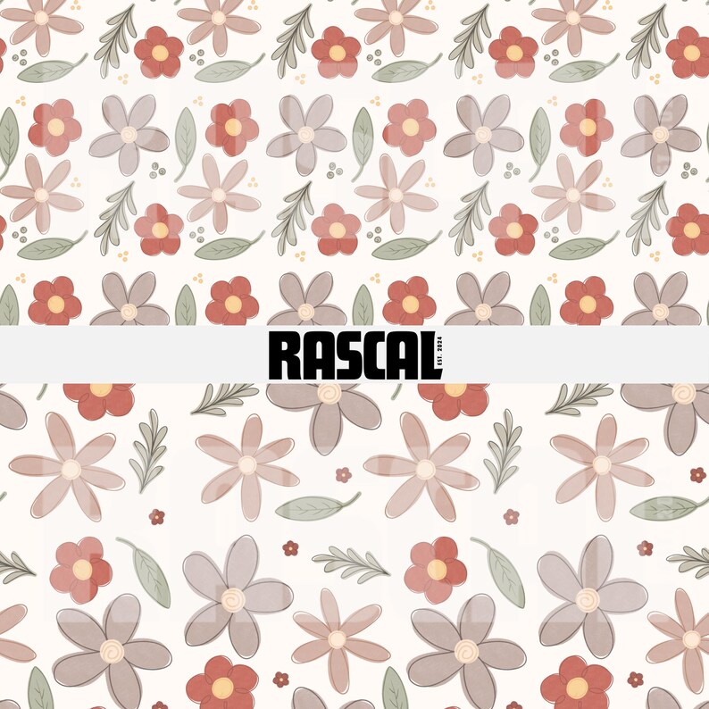 May include: Floral pattern featuring repeating flowers in shades of red, brown, and gray, with green leaves on a cream background. The word "RASCAL" is printed in bold black letters.