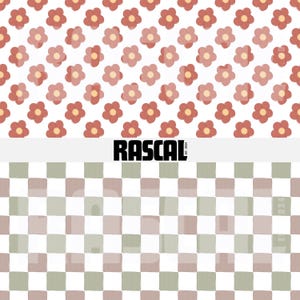 May include: A digitally created pattern featuring repeating floral and checkered designs. The top section displays a white background with red and pink flowers. The bottom section shows a checkered pattern in shades of green and brown. The word "RASCAL" is in bold black letters.