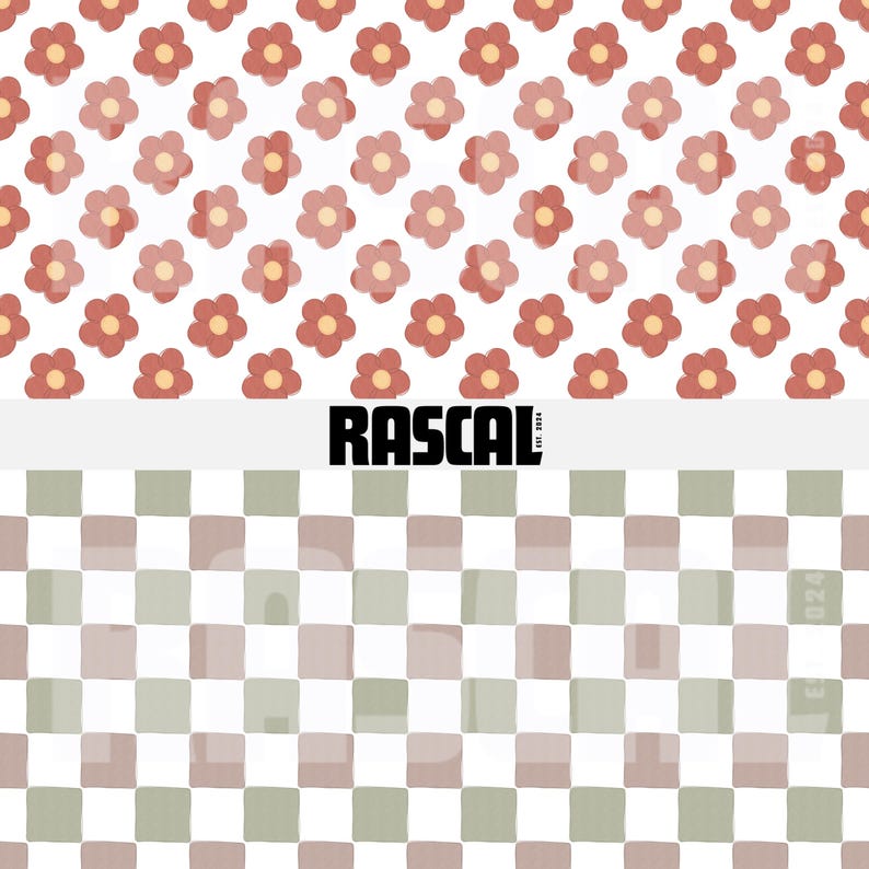 May include: A digitally created pattern featuring repeating floral and checkered designs. The top section displays a white background with red and pink flowers. The bottom section shows a checkered pattern in shades of green and brown. The word "RASCAL" is in bold black letters.