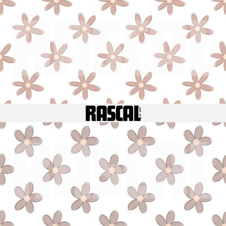 May include: A repeating pattern of light brown flowers with a white background. The flowers have a simple, stylized design. The word "RASCAL" is displayed in bold, black letters across the center of the image.
