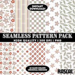 May include: A digital download graphic pack featuring ten seamless patterns. The designs include floral, polka dot, and striped patterns in shades of red, brown, and green. The text reads "SEAMLESS PATTERN PACK" and "INSTANT DOWNLOAD!"