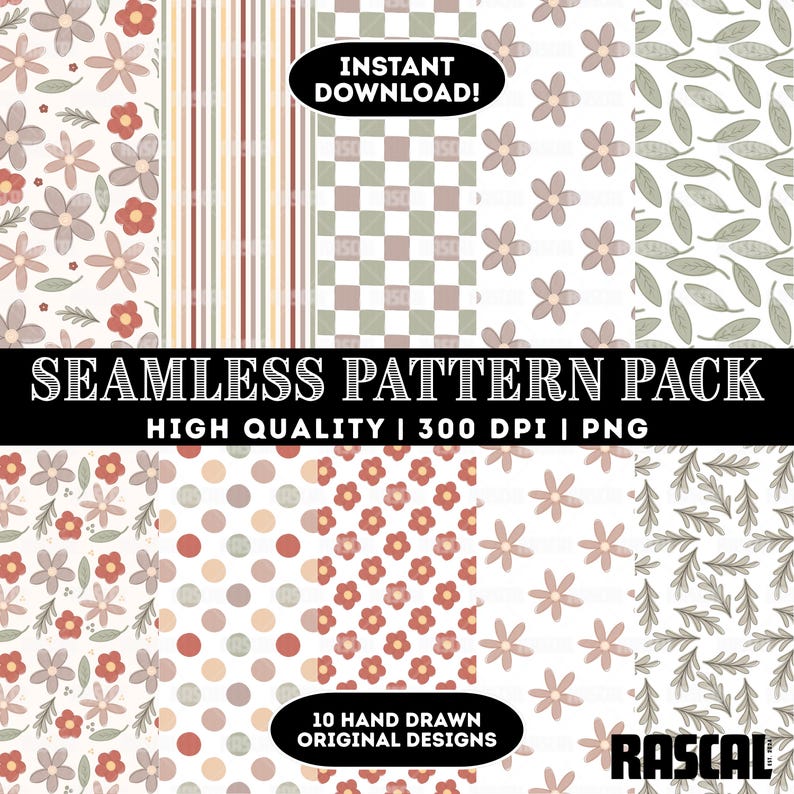 May include: A digital download graphic pack featuring ten seamless patterns. The designs include floral, polka dot, and striped patterns in shades of red, brown, and green. The text reads "SEAMLESS PATTERN PACK" and "INSTANT DOWNLOAD!"