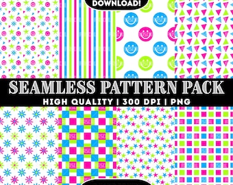 Retro Neon Glow Seamless Pattern Pack, 8 Different Original Designs, 300 DPI PNG Instant Downloads, Personal/Commercial Use, SP8