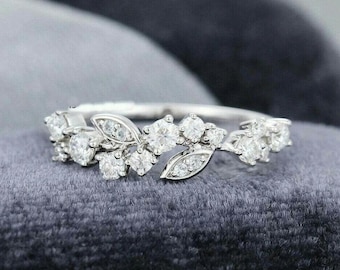 Cluster Diamond Ring, Half Eternity Band, Round Cut Lab Grown Diamond Wedding Band, 14K Gold Stackable Band, Leaf Inspired Engagement Band