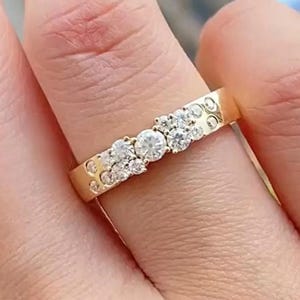 Cluster Diamond Stackable Wedding Band, Round Cut Lab Grown Diamond Engagement Band, 14K Yellow Gold Half Eternity Scattered Band For Women