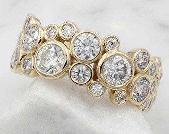Bubble Set Full Eternity Band, Round Cut Lab Grown Diamond Wedding Band, 14K Yellow Gold Stackable Band, Cluster Bezel Set Engagement Band