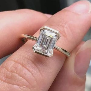 2.5 CT Emerald Cut Lab Grown Diamond Engagement Ring, Half Bezel Set Ring, Solitaire Wedding Ring, 14K Yellow Gold Proposal Ring For Women