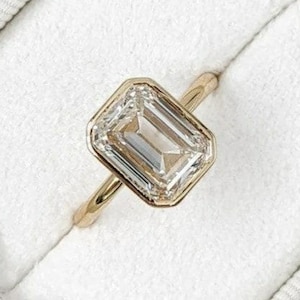 3.5 CT Emerald Cut Lab Grown Diamond Wedding Ring, Solitaire Engagement Ring, 14K Yellow Gold Bezel Set Ring, Emerald Cut Proposal Ring