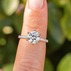 1.5 CT Round Cut Lab Grown Diamond Wedding Ring, 14K White Gold Solitaire With Accent Engagement Ring, Round Cut Anniversary Gift Ring