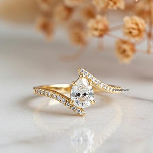 Bypass Style Solitaire With Accent Ring, 2.00 CT Pear Cut Lab Grown Diamond Wedding Ring, 14K Yellow Gold Swirl Engagement Ring For Women