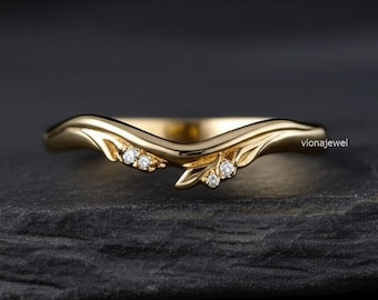 Leaf Inspired Chevron Band, Round Cut Lab Grown Diamond Wedding Band, 14K Yellow Gold Eternity Band, Stackable V Shape Engagement Band