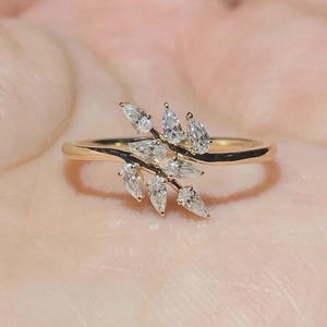Bypass Style Leaf Inspired Ring, Pear Cut Lab Grown Diamond Engagement Ring, Open Cuff Wedding Ring, 14K Yellow Gold Cluster Diamond Ring