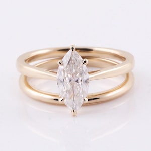 Bridal Ring Set, 2.00 CT Marquise Cut Lab Grown Diamond Engagement Ring, Minimalist Wedding Band, 14K Yellow Gold Solitaire Ring Set For Her