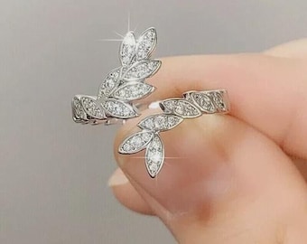 Open Cuff Cluster Diamond Band, Leaf Inspired Stacking Ring, Round Cut Lab Grown Diamond Engagement Band, Half Eternity Adjustable Band