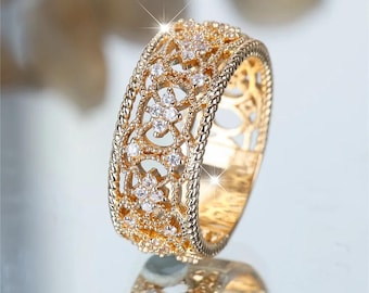 Art Deco Filigree Round Lab Grown Diamond Ring, Milgrain Wedding Band, Edwardian Engagement Ring, 14K Yellow Gold Stacking Round Cut Ring
