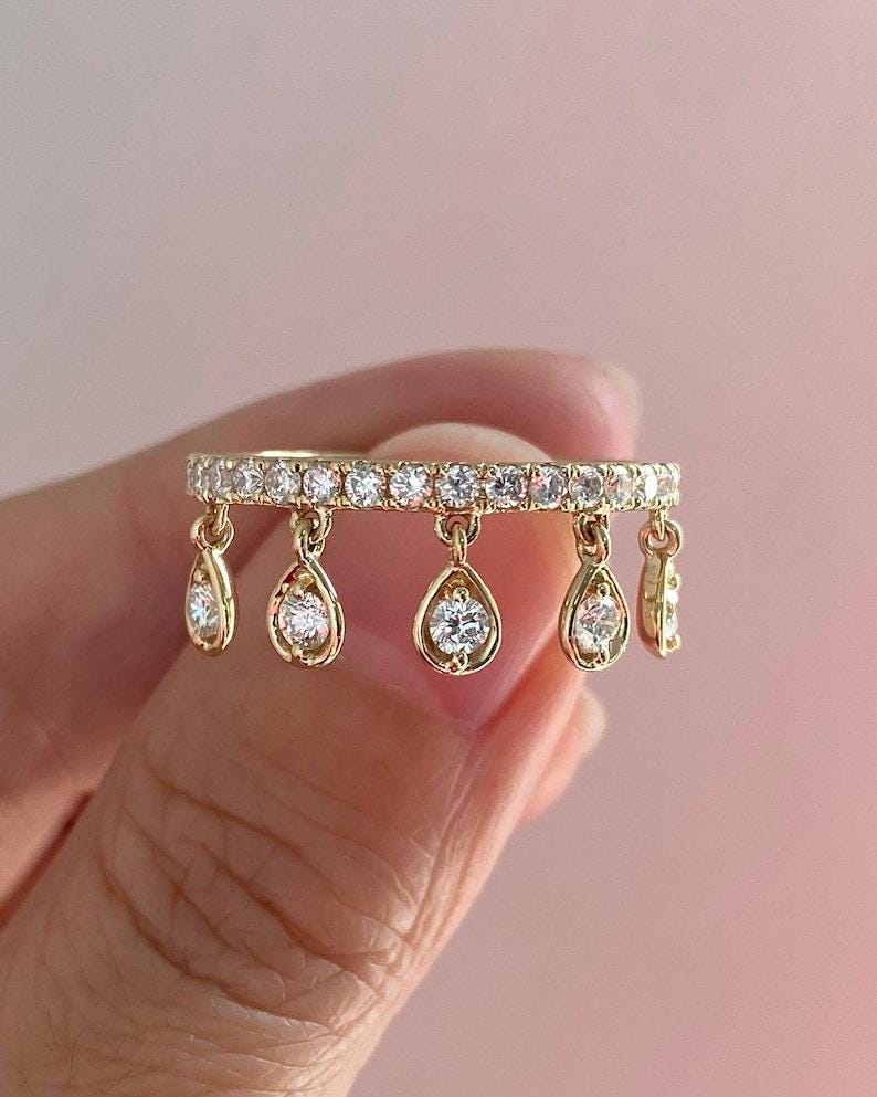 Dangling Charm Diamond Drop Ring, Round Cut Lab Grown Diamond Engagement Ring, Dangling Charm Wedding Ring, 14K Yellow Gold Unique Ring