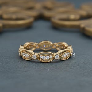 ヴィンテージアールデコミルグレインバンド、アンティークフルエタニティバンド、ラウンドカットラボグロウンダイヤモンドバンド、14Kイエローゴールドスタッキングバンド、フィリグリーバンド