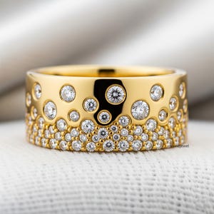 Cluster Diamond Scattered Band, Round Lab Grown Diamond Engagement Band, 14K Yellow Gold Flush Set Half Eternity Band, Wide Wedding Band