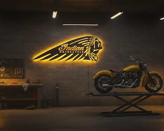 Indische Motorrad LED Wandkunst - Vintage Biker Leuchtschild - Garage & Mannhöhle Dekor