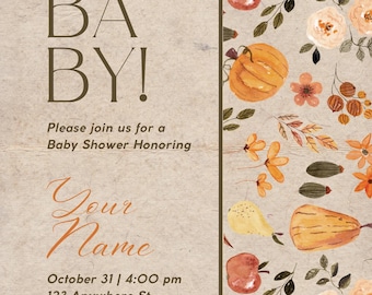 Beige Organic Floral Pumpkin Baby Shower Invitation