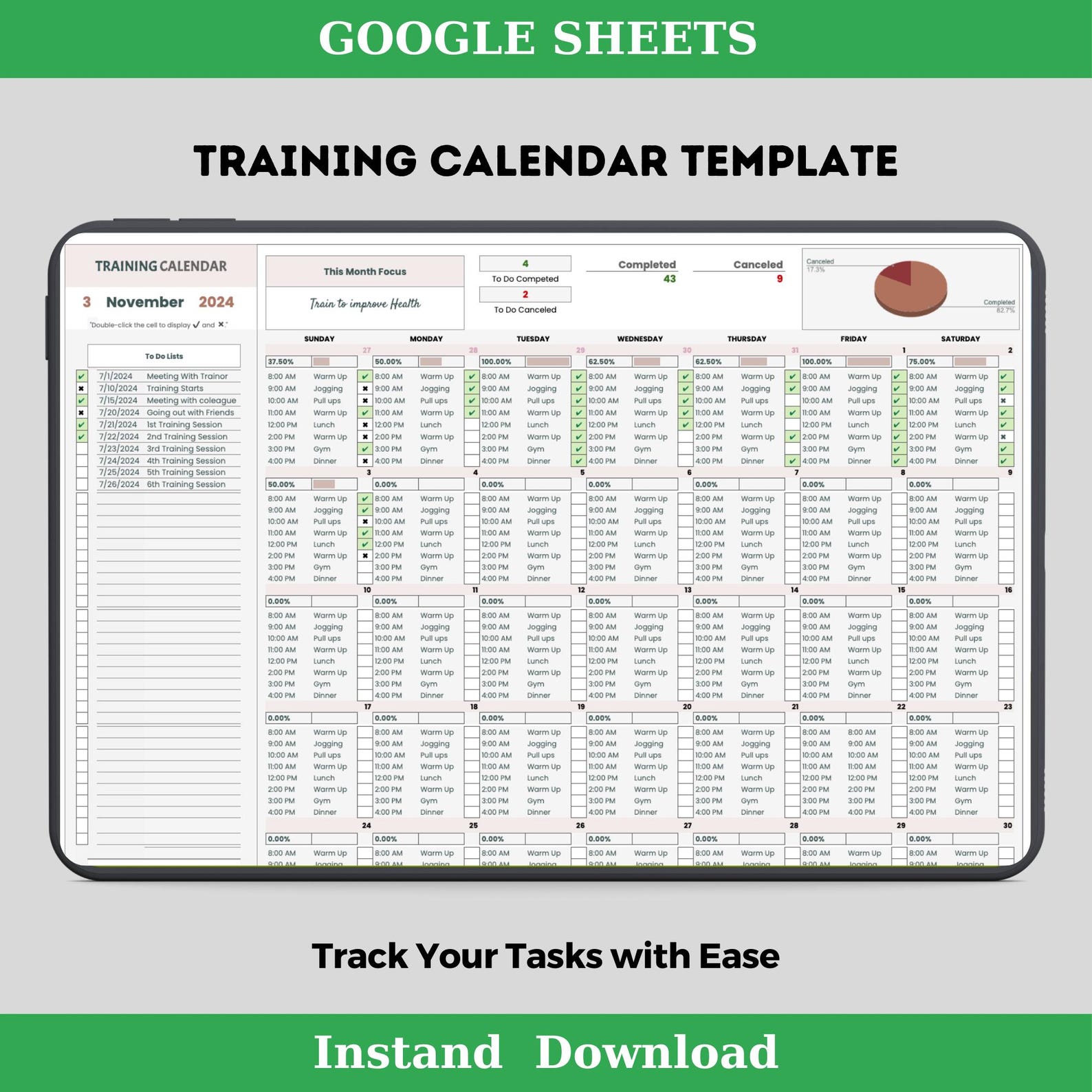 Training Calendar Template Editable Google Sheets for Organizing