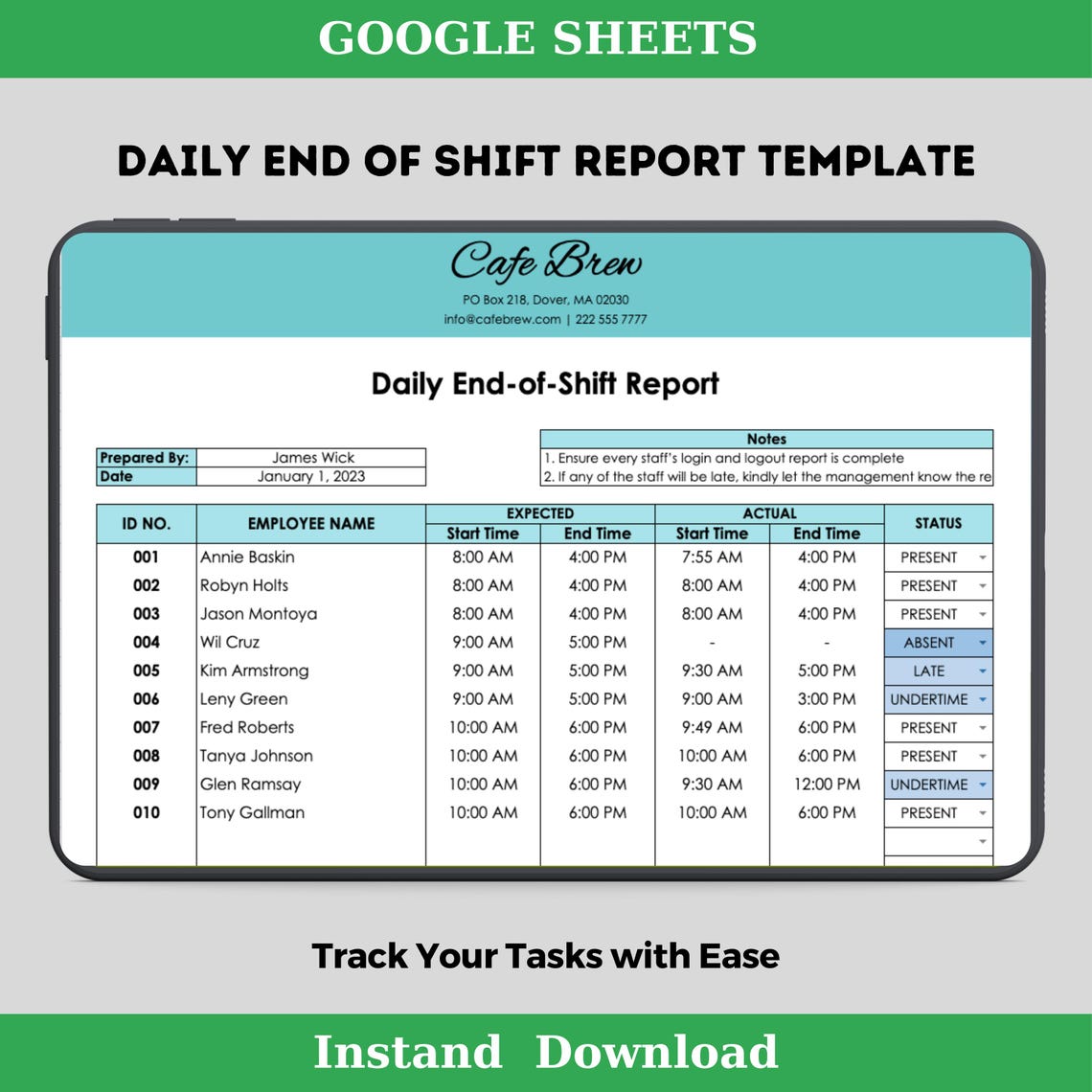Daily End of Shift Report Template, Employee Shift Log, Work Summary ...