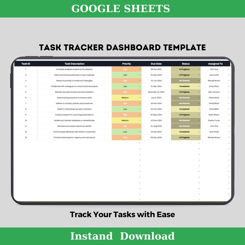 Task Tracker Dashboard Template, Project Management Sheet, Digital Task ...