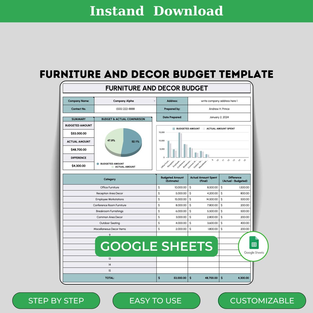 Furniture and Decor Budget Template Google Sheets Editable Digital ...