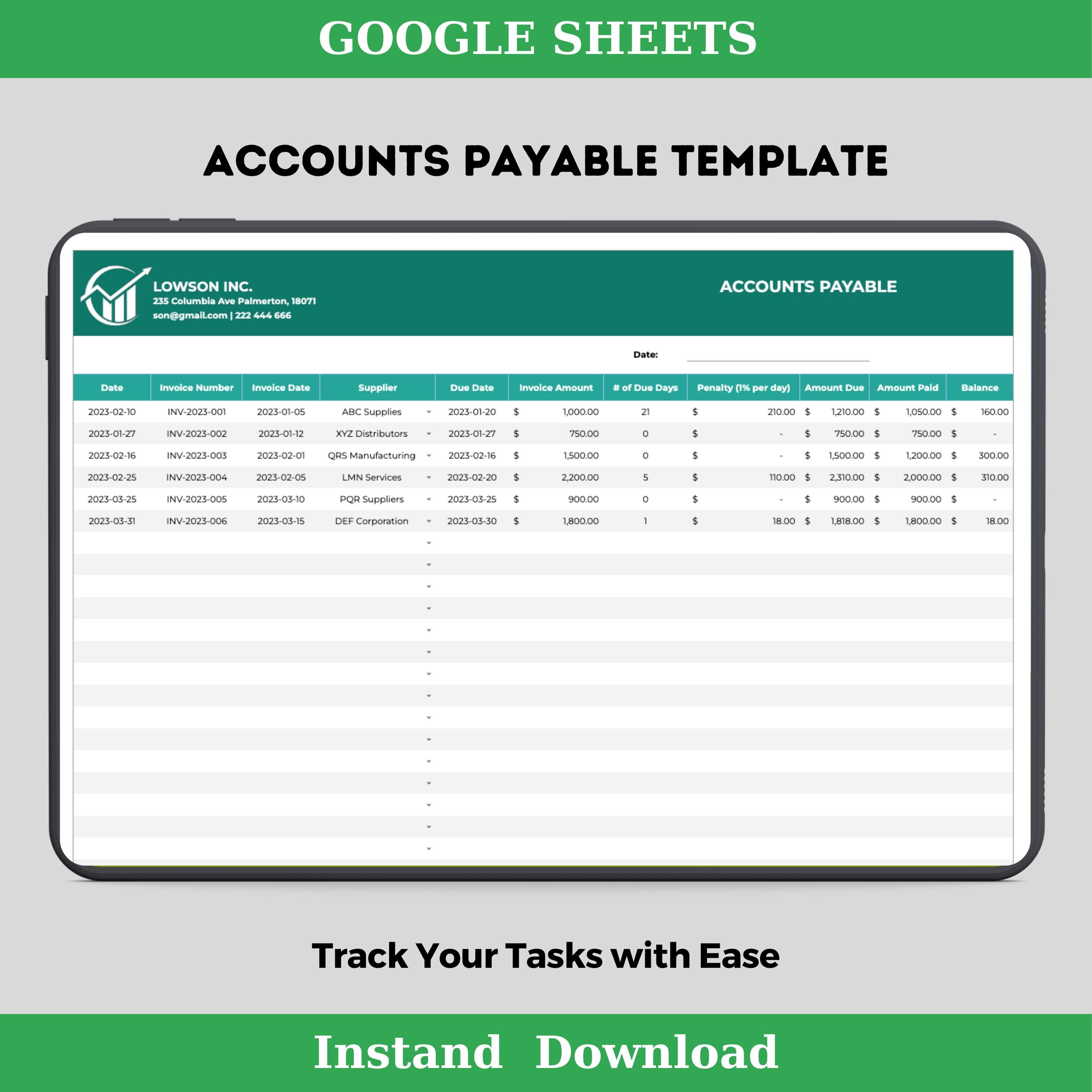 Accounts Payable Template Editable Google Sheets for Business