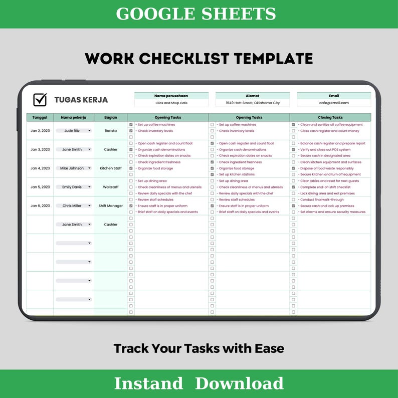Work Checklist Template Editable Google Sheets Easy to use Task