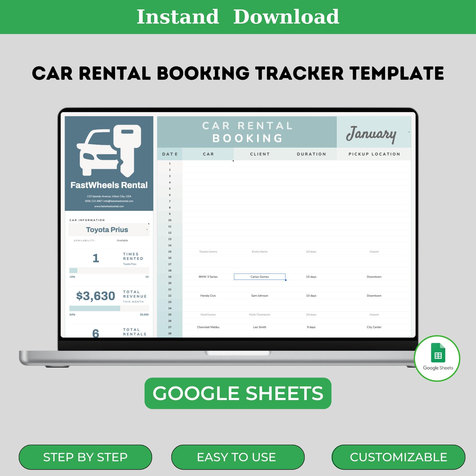 Car Rental Booking Tracker Template, Editable Google Sheets for Managing Car Rentals and Reservations, Digital Download