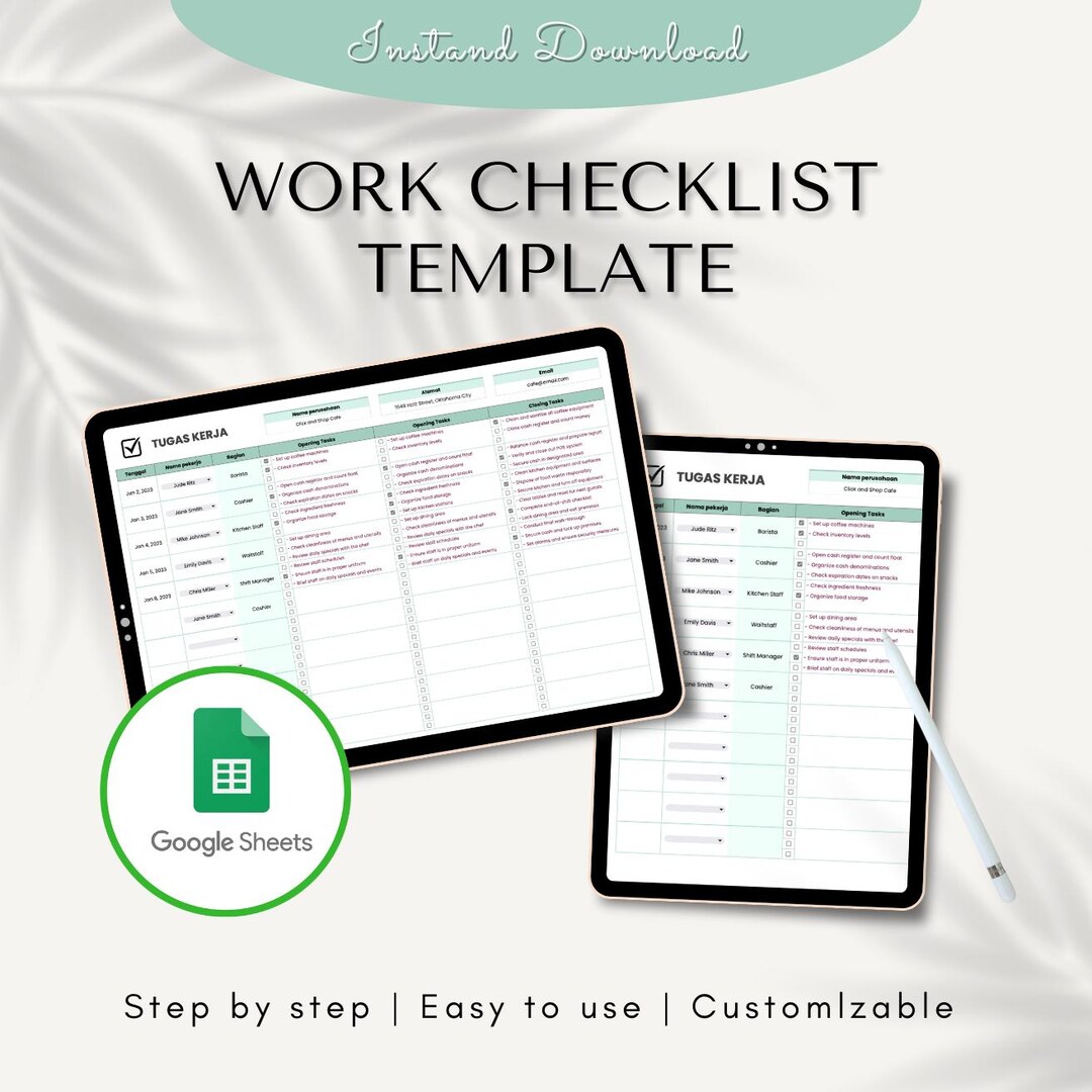 Work Checklist Template Digital Download Editable Google Sheets Easy