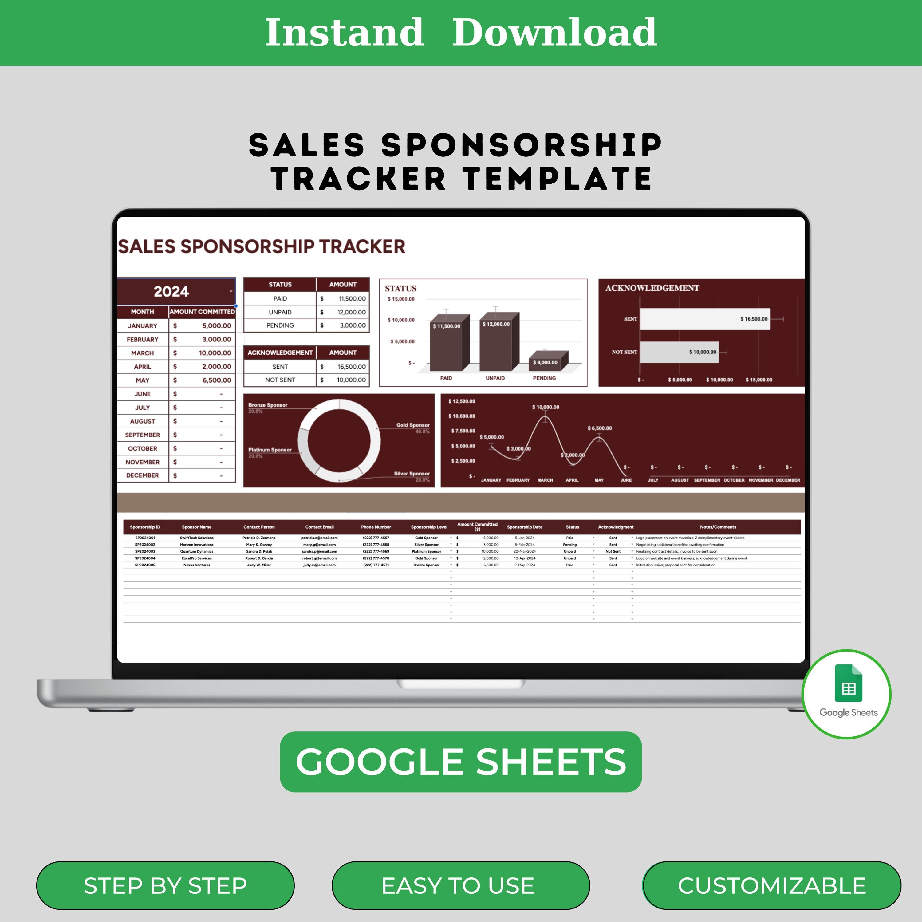 Sales Sponsorship Tracker Template, Digital Download, Editable Google Sheets, Sponsorship Tracker, Event Sponsor Tool, Event Sponsorship