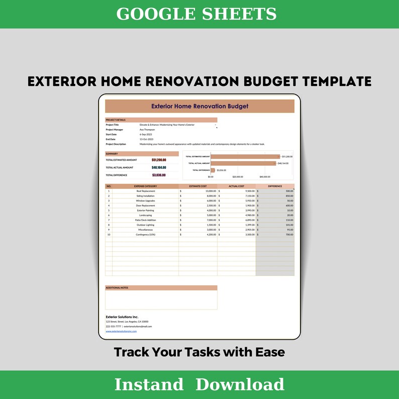 Exterior Home Renovation Budget Template Google Sheets Editable Digital ...