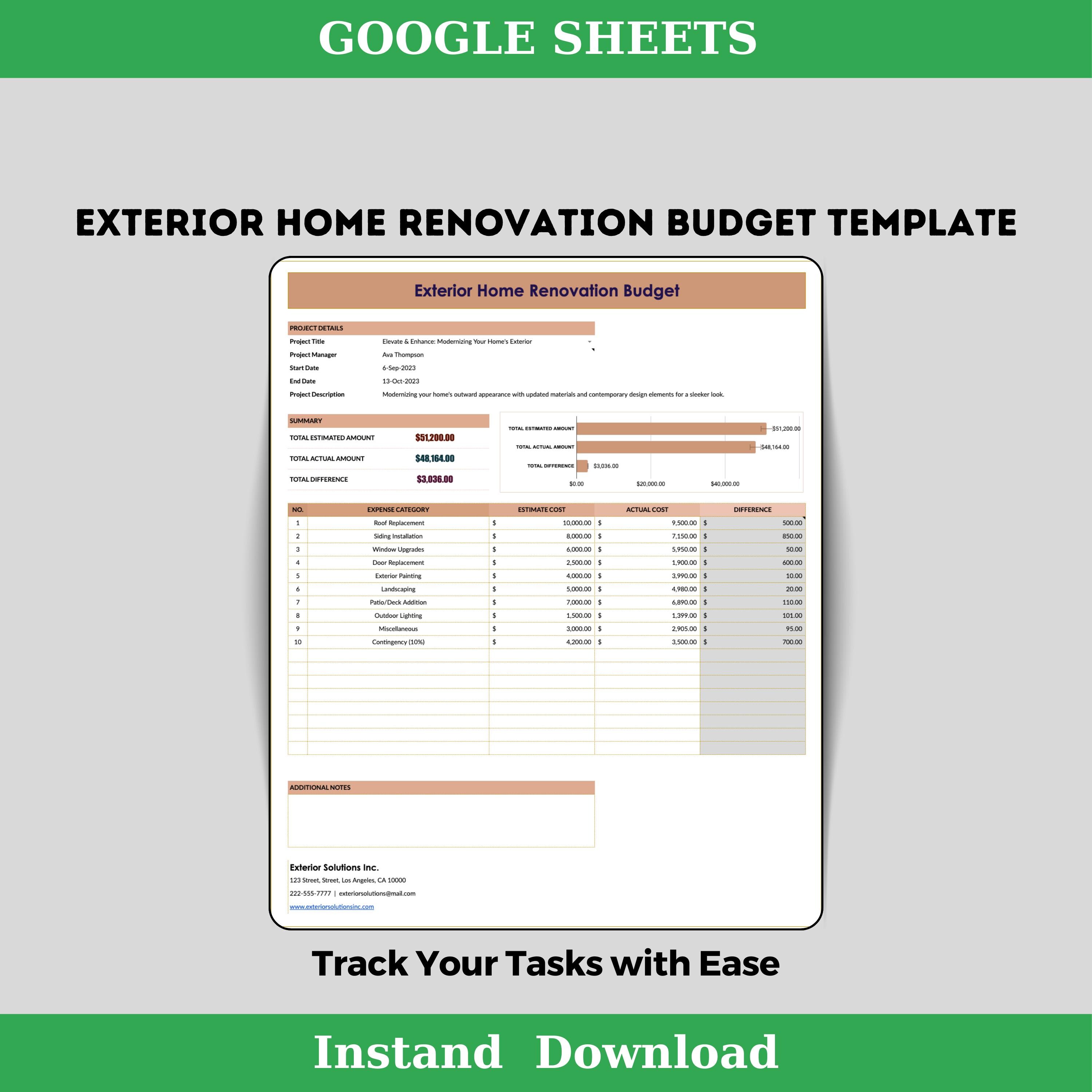 Exterior Home Renovation Budget Template Google Sheets Editable Digital ...
