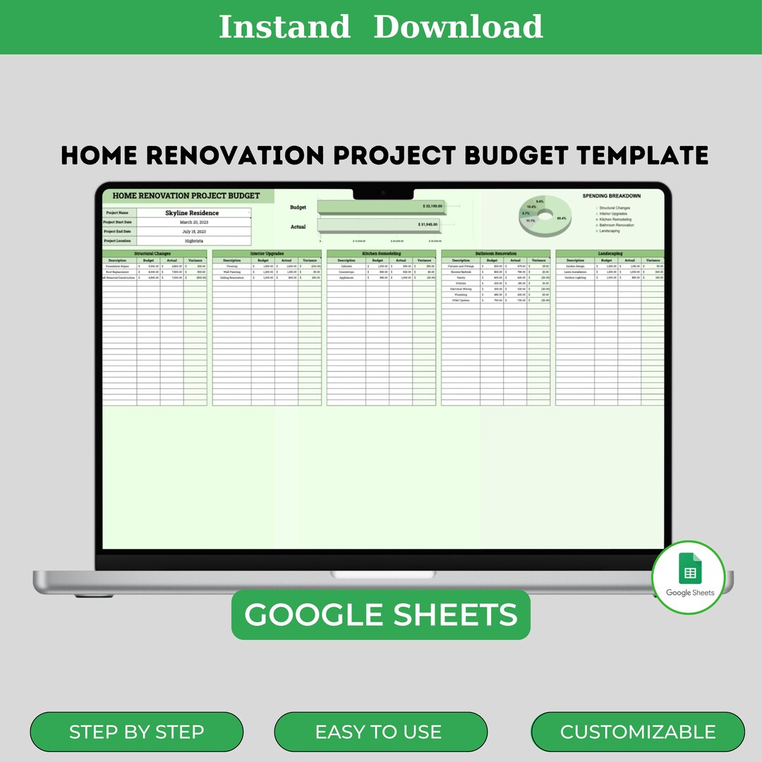 Home Renovation Project Budget Template Google Sheets Editable Digital ...