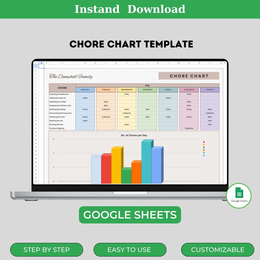Chore Chart Template, Digital Download, Editable Google Sheets, Easy-to
