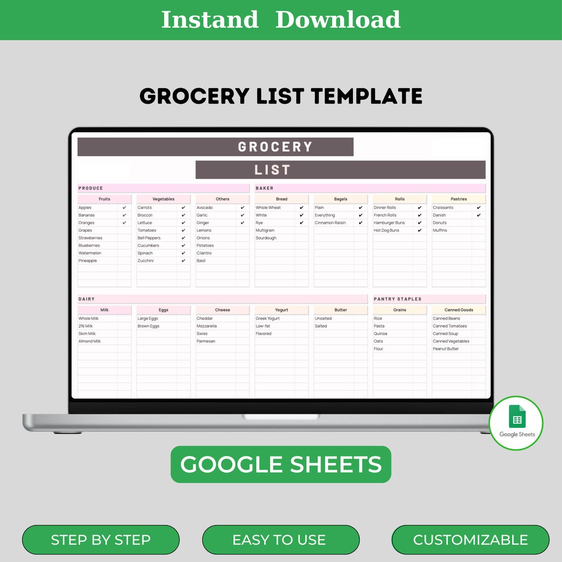Grocery List Template, Editable Google Sheets for Shopping Organization