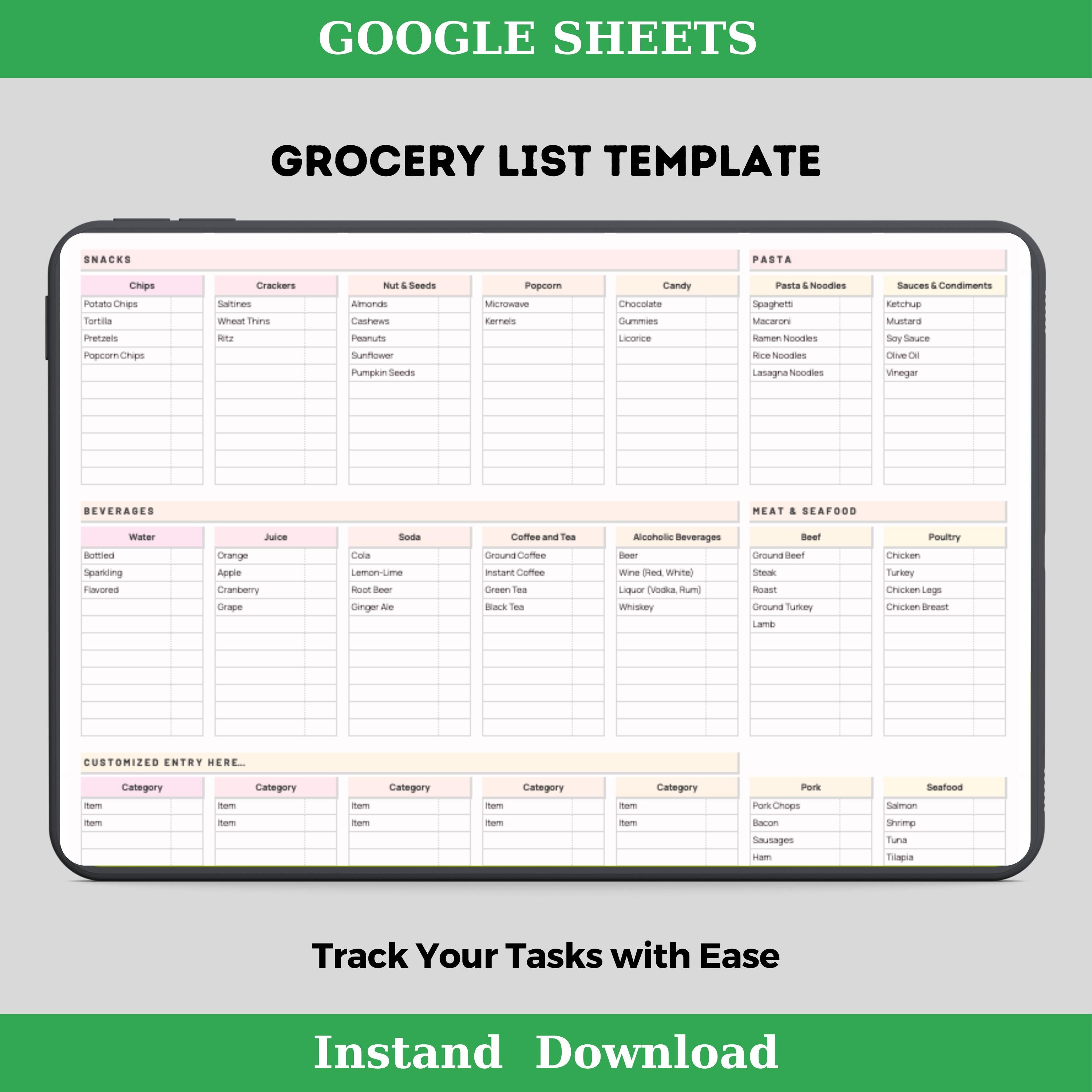 Grocery List Template, Editable Google Sheets for Shopping Organization