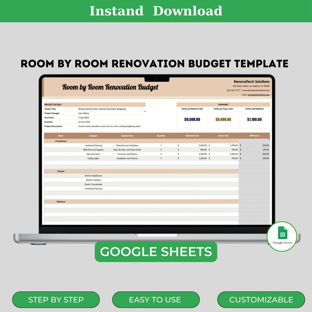Room by Room Renovation Budget Template Google Sheets Editable Digital ...
