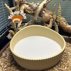 May include: A beige, corrugated bowl filled with white sand, likely for a small pet. The bowl sits on wood shavings inside a cage, with decorative branches and the text "Mr Mango Makes" visible.