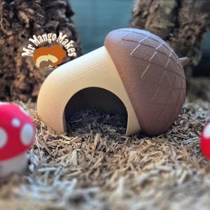 May include: A brown and beige acorn-shaped pet house with a round entrance. The acorn top has a textured pattern. Two red mushroom decorations with white spots are in the foreground. The background includes wood shavings and a tree trunk.
