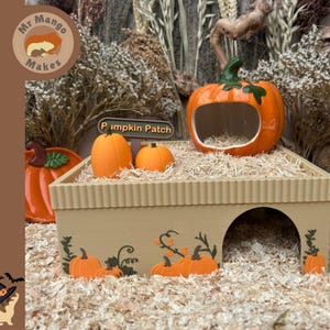 May include: A beige rectangular small animal hideout with a ribbed top edge and an arched entrance. The front features orange pumpkin graphics. On top, there are two small orange pumpkins and a sign that reads Pumpkin Patch, plus a ceramic pumpkin.