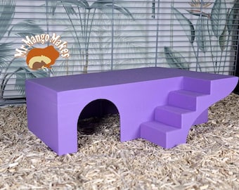 May include: Purple platform with a tunnel and stairs for small animals. The platform is made of a sturdy material and has a smooth finish. It is designed to provide a fun and challenging environment for small pets.