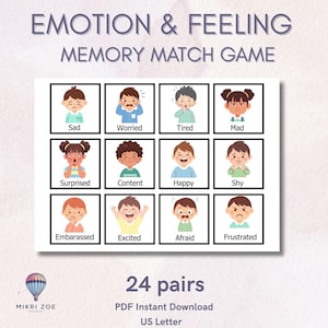 Może przedstawiać: Gra pamięciowa z ilustracjami dzieci wyrażających różne emocje, takie jak smutek, zmartwienie i radość. Gra zawiera 24 pary i jest natychmiastowym plikiem PDF do pobrania. Tekst "EMOTION & FEELING MEMORY MATCH GAME" znajduje się na górze.