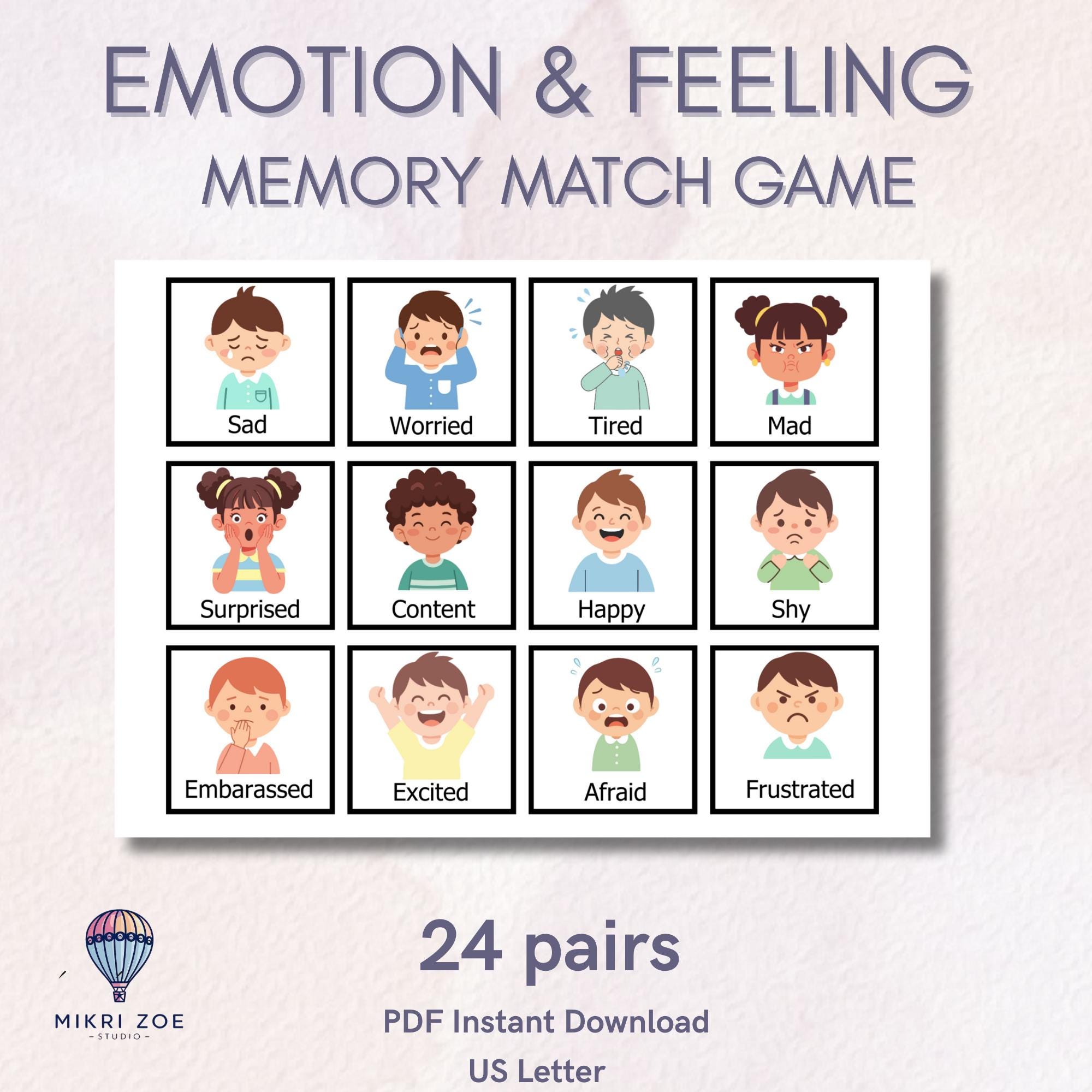 Memory Game - Feelings and Emotions - Kids Printable Memory Matching ...